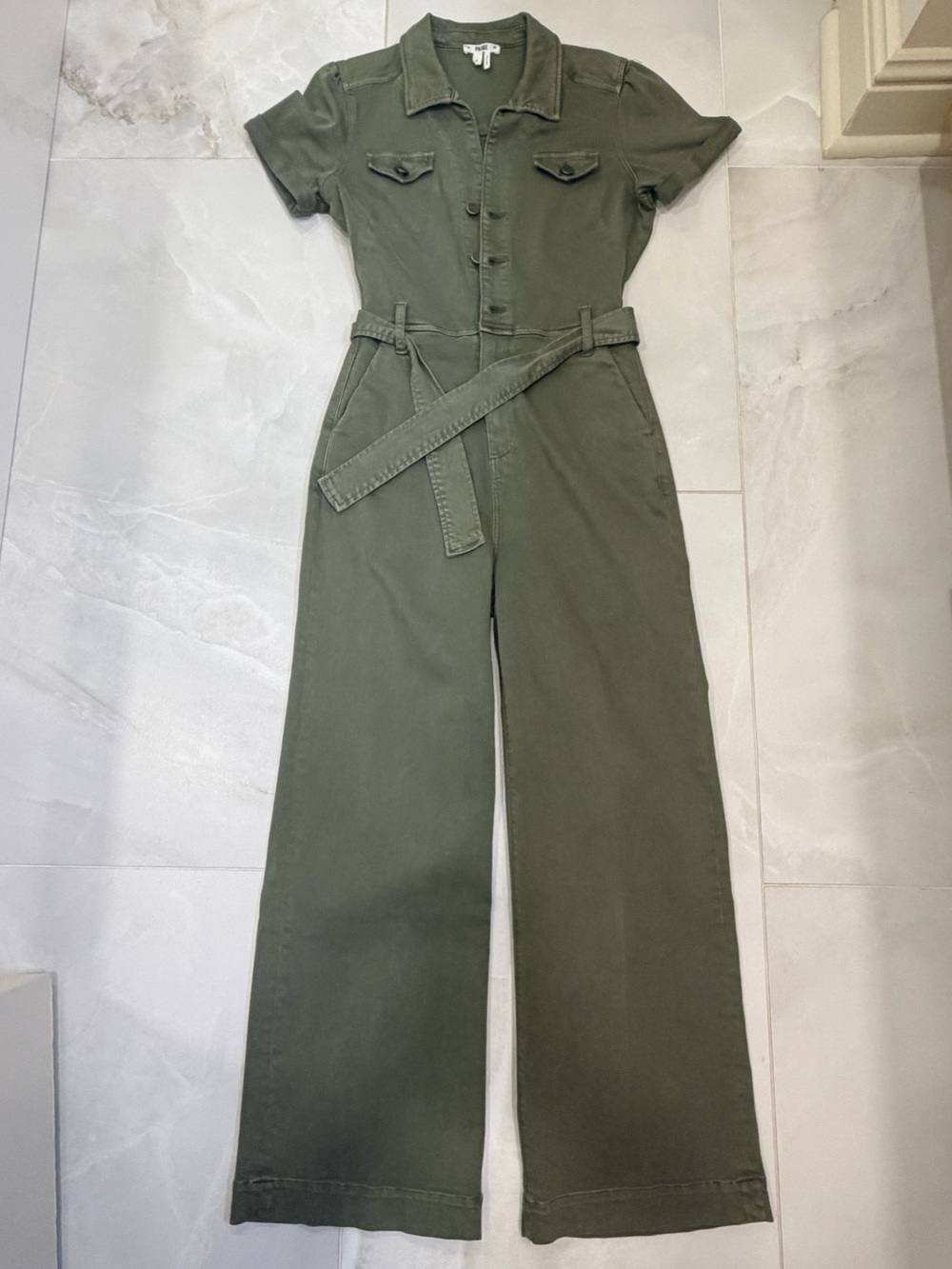 PAIGE Olive Green Short-Sleeve Wide-Leg Utility Jumpsuit